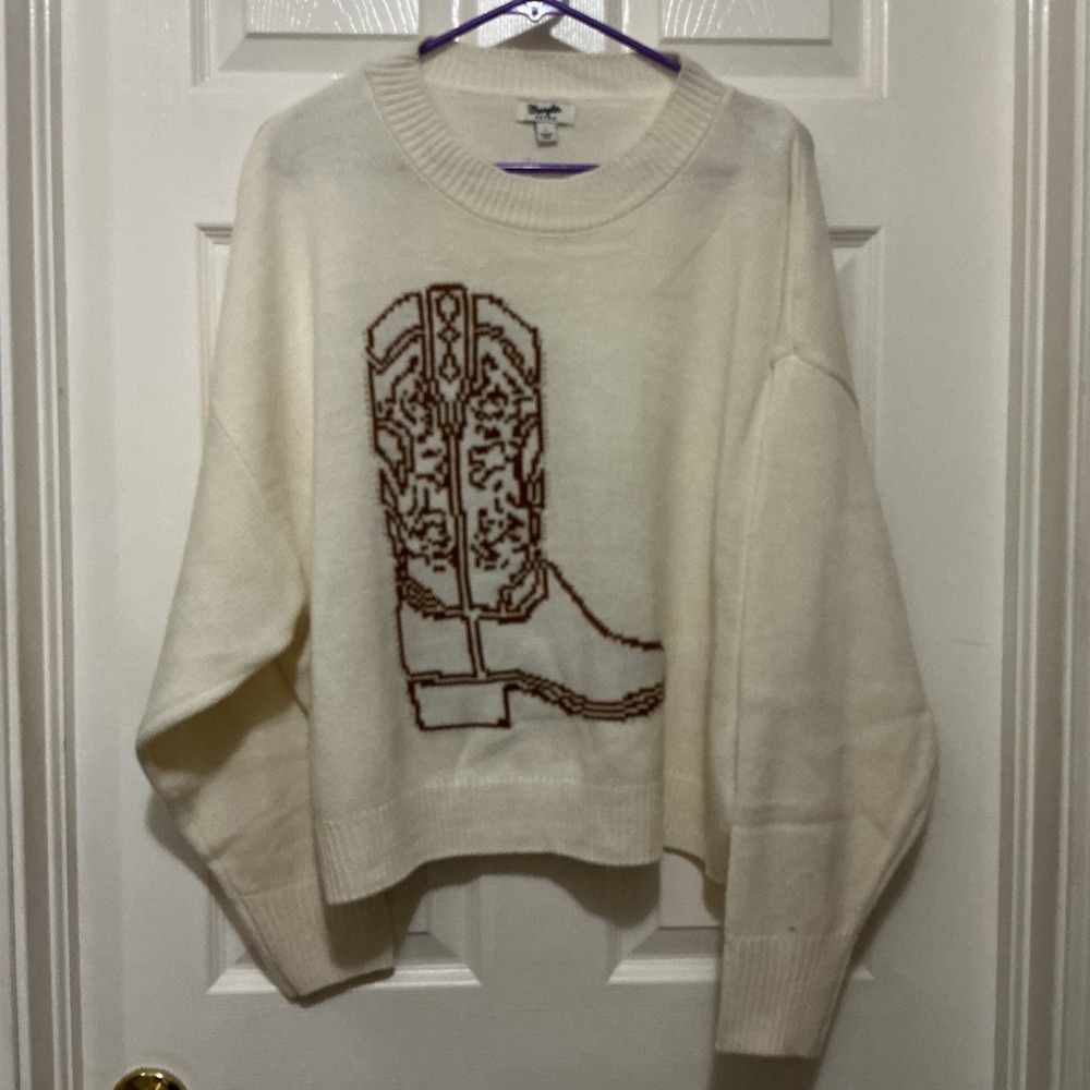 Wrangler Retro Women's Sweater Cowboy Boot L New No Tags Cream Oversized Cropped